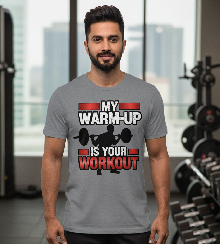 Man wearing a gray t-shirt with a humorous fitness graphic in a gym setting