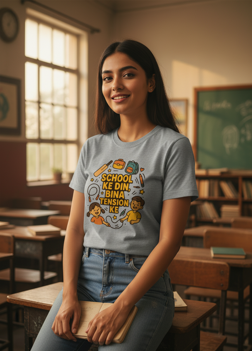 Woman wearing a t-shirt with a graphic design in a classroom setting