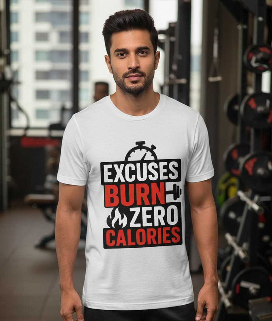 Man wearing a white t-shirt with a motivational message in a gym setting