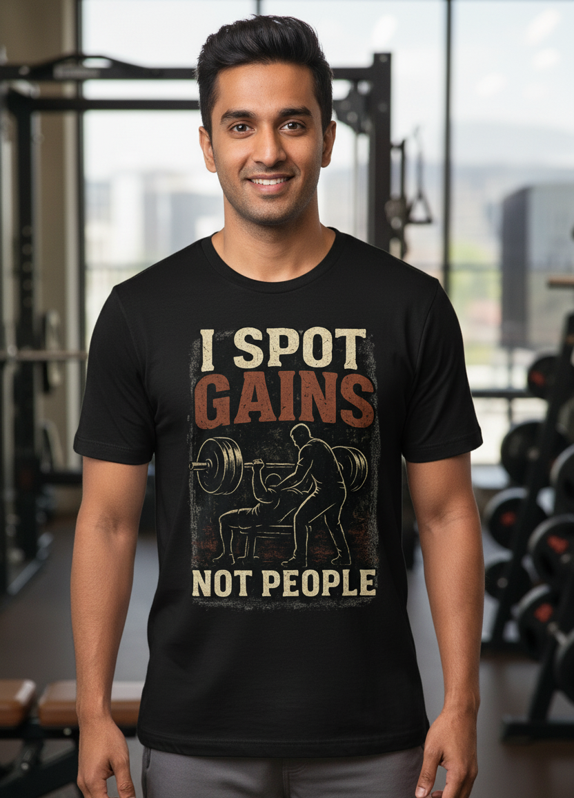 Man wearing a black t-shirt with 'I Spot Gains Not People' text in a gym setting
