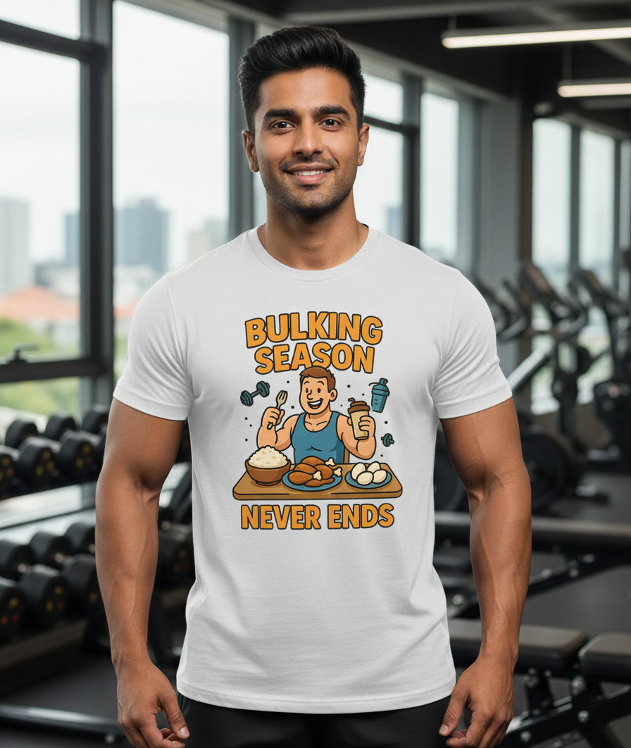 Man wearing a t-shirt with 'Bulking Season Never Ends' graphic in a gym setting