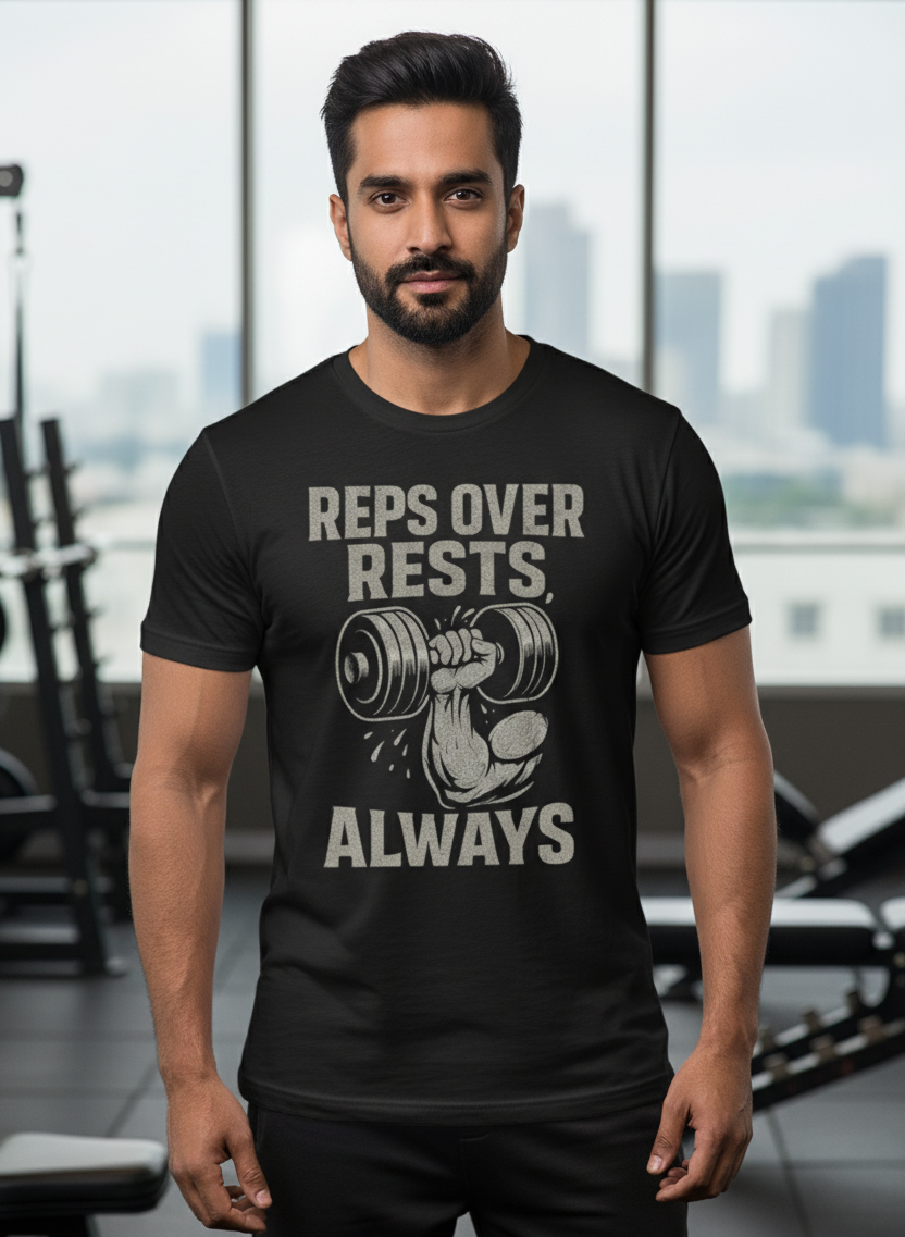 Man wearing a black t-shirt with 'Reps Over Rests Always' and a barbell graphic in a gym setting.