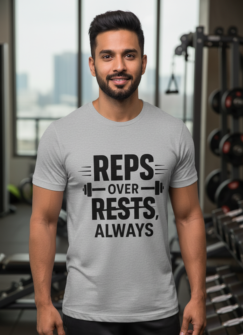 Man wearing a gray t-shirt with 'REPS OVER RESTS, ALWAYS' text in a gym setting
