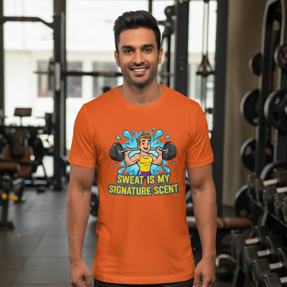 Man wearing an orange t-shirt with a graphic design in a gym