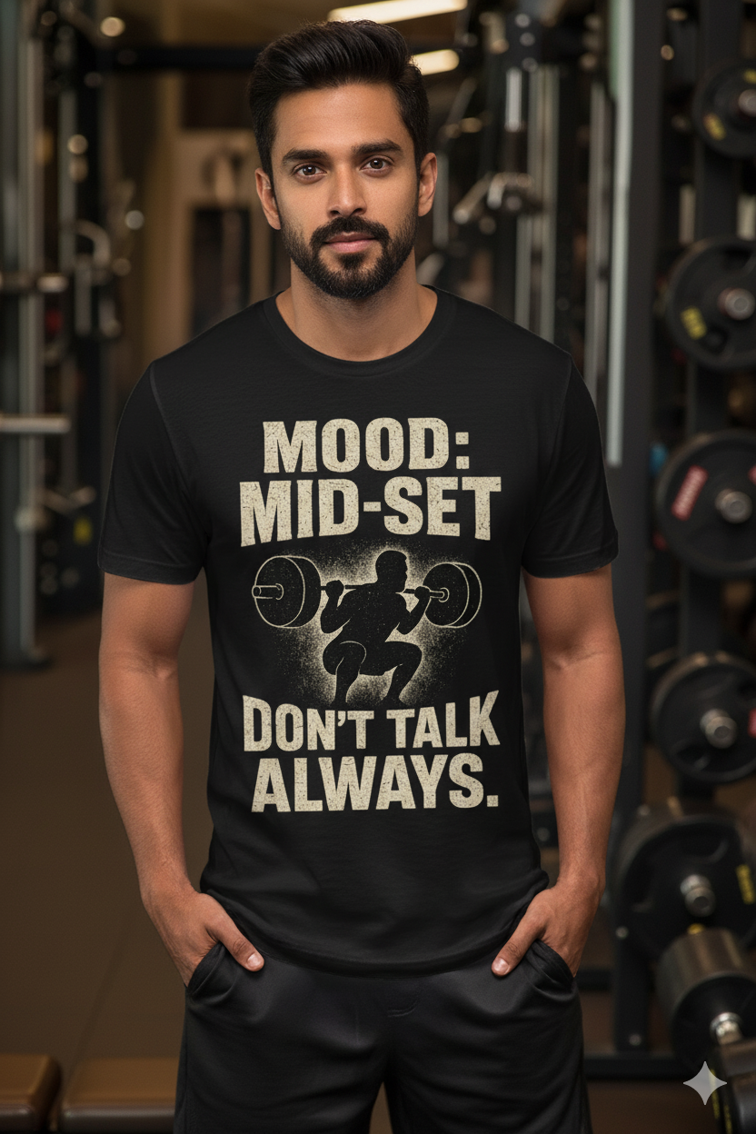 Man wearing a black t-shirt with a humorous gym-themed design in a gym setting.