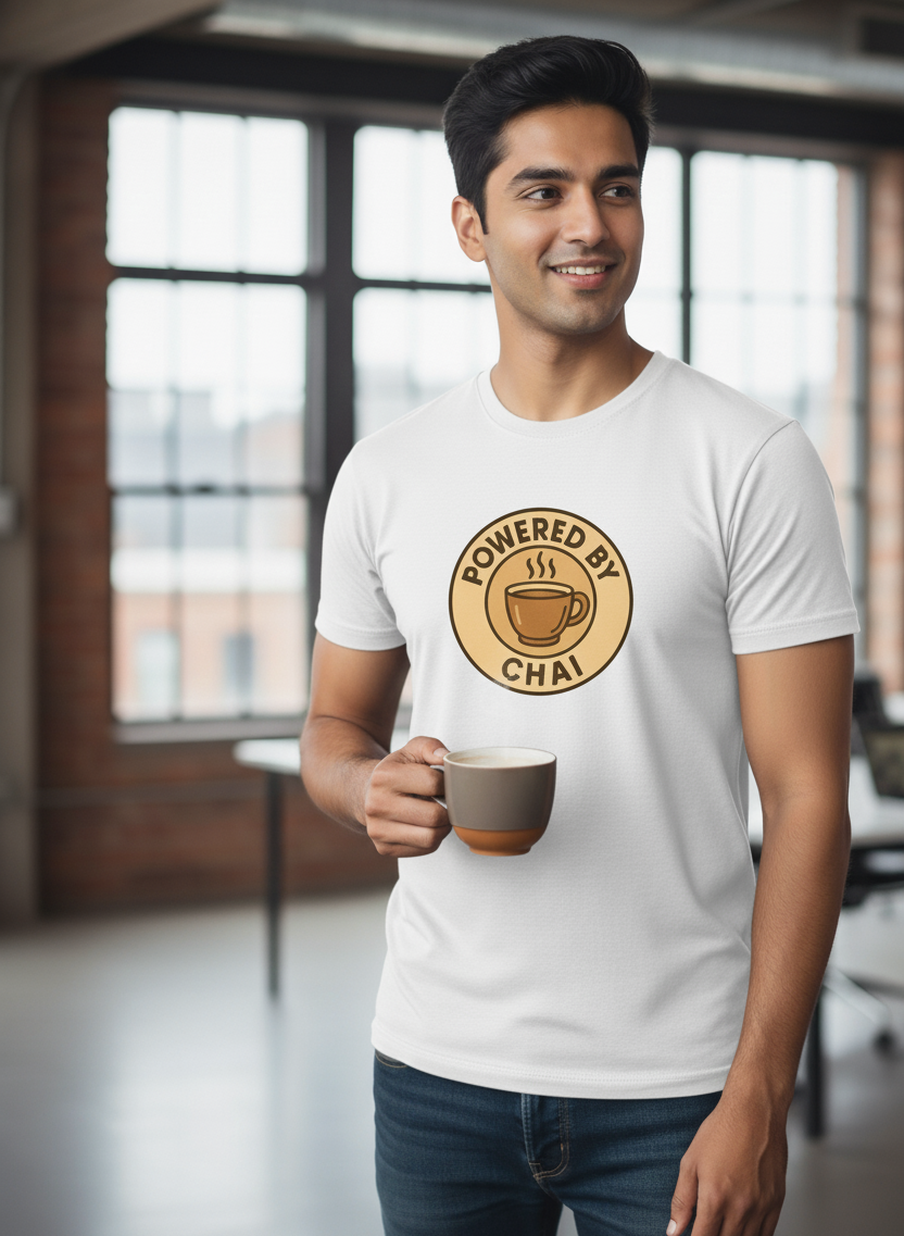 Man wearing a white t-shirt with 'Powered by Chai' design, holding a mug.