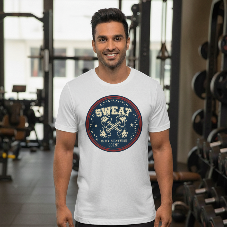 Man wearing a white t-shirt with a graphic design in a gym