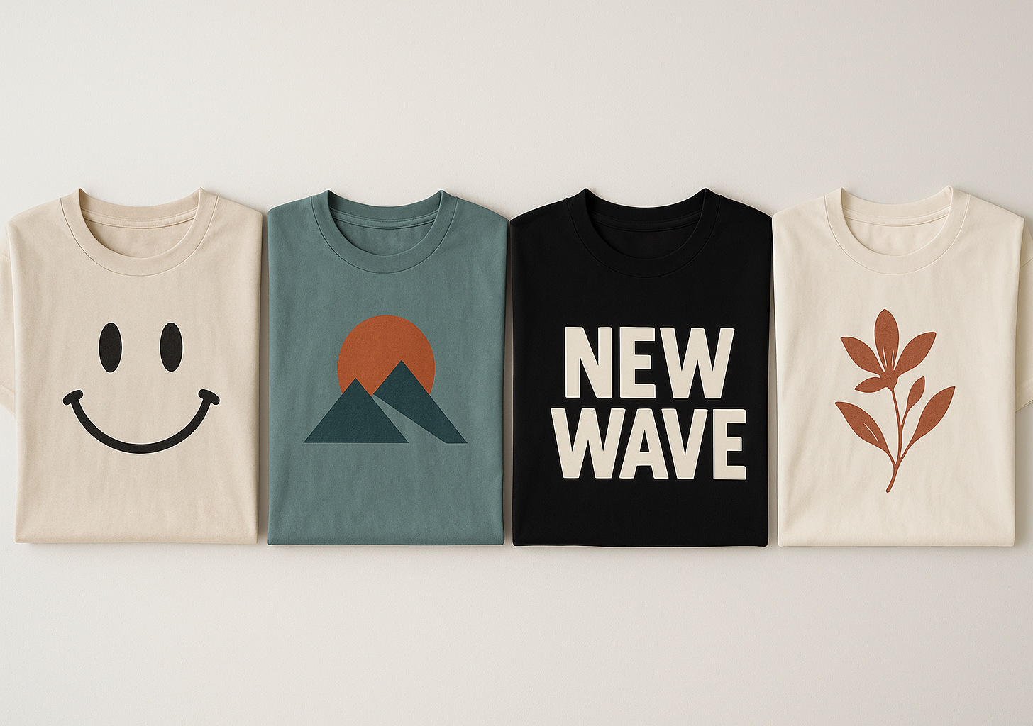 Four t-shirts with different designs on a light gray background